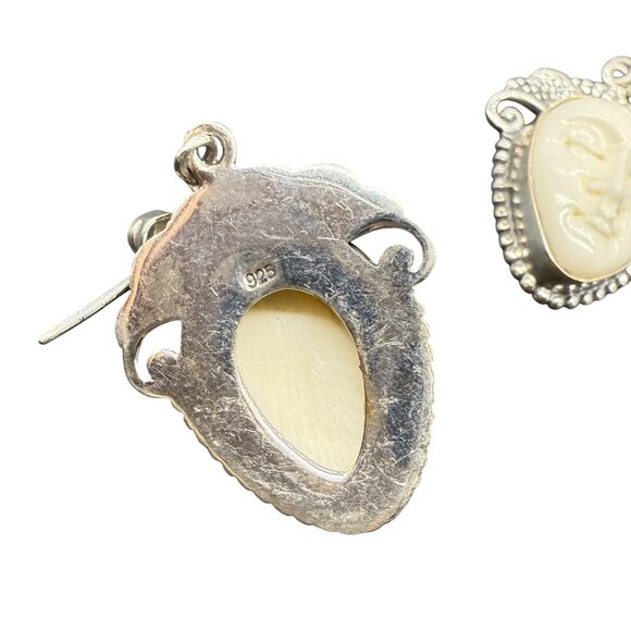 Sterling Silver 925 Opal & Face Carved Drop Dangle Earrings - Picture 2 of 7